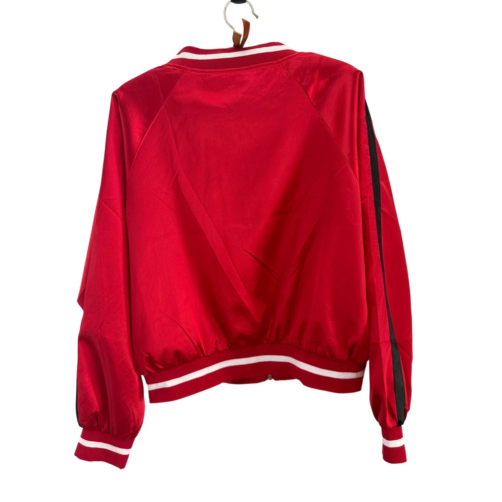 Zeagoo Womens Red Satin Bomber Jacket Black Stripe Varsity Full Zip Size Large - Picture 2 of 4